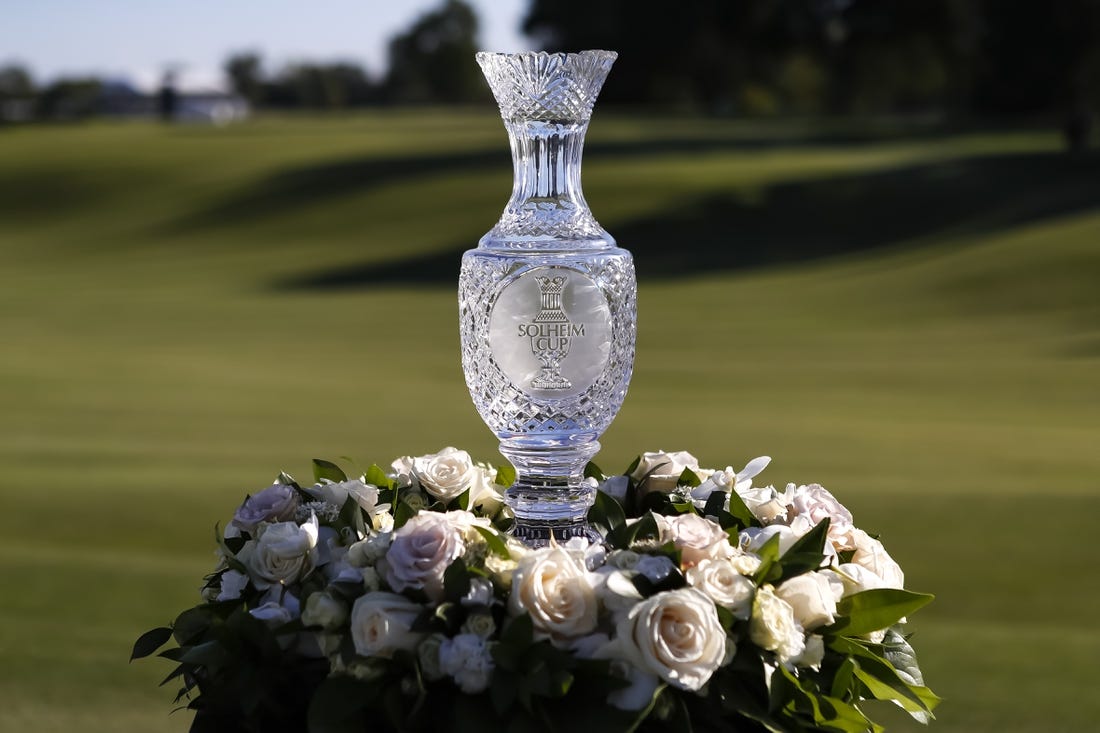 Sep 6, 2021; Toledo, Ohio, USA; The Solheim Cup is seen during the trophy presentation at the 2021 Solheim Cup at Invernes Club. Mandatory Credit: Raj Mehta-USA TODAY Sports