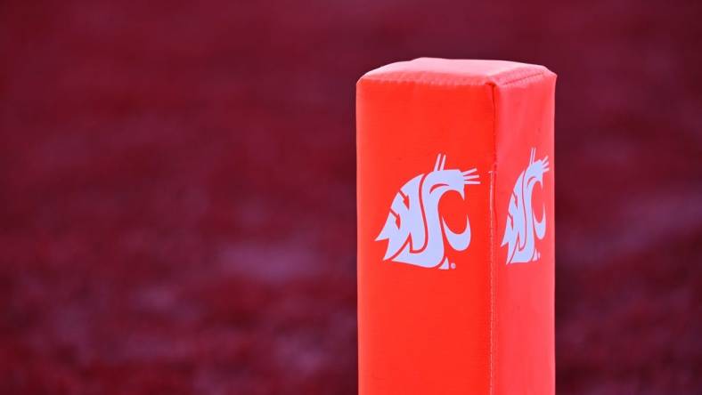 Oct 9, 2021; Pullman, Washington, USA; Washington State Cougars logo on a pylon during a football game against the Oregon State Beavers in the second half at Gesa Field at Martin Stadium. The Cougars won 31-24. Mandatory Credit: James Snook-USA TODAY Sports