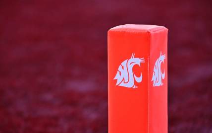 Oct 9, 2021; Pullman, Washington, USA; Washington State Cougars logo on a pylon during a football game against the Oregon State Beavers in the second half at Gesa Field at Martin Stadium. The Cougars won 31-24. Mandatory Credit: James Snook-USA TODAY Sports
