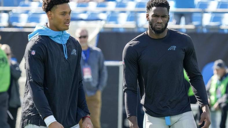 Carolina Panthers safety Jeremy Chinn (21) and defensive end Brian Burns (53) are priority free agents this offseason. Mandatory Credit: Jim Dedmon-USA TODAY Sports