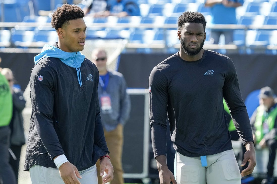 Carolina Panthers safety Jeremy Chinn (21) and defensive end Brian Burns (53) are priority free agents this offseason. Mandatory Credit: Jim Dedmon-USA TODAY Sports