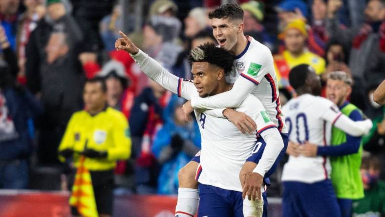 Nov 12, 2021; Cincinnati, Ohio, USA; United States midfielder Weston McKennie (8) celebrates his goal with forward Christian Pulisic (10) during a FIFA World Cup Qualifier soccer match against the Mexico at TQL Stadium. Mandatory Credit: Trevor Ruszkowski-USA TODAY Sports