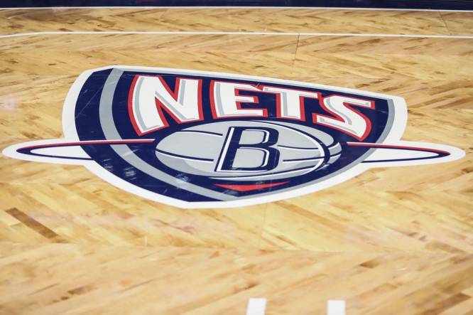 Nov 17, 2021; Brooklyn, New York, USA; The old Nets logo on the court prior to the game between the Cleveland Cavilers and the Brooklyn Nets at Barclays Center. Mandatory Credit: Wendell Cruz-USA TODAY Sports