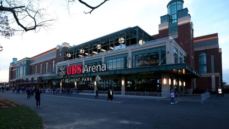 Nov 20, 2021; Elmont, New York, USA; General view of the exterior of the arena before the New York Islanders play the Calgary Flames in the first ever hockey game at UBS Arena. Mandatory Credit: Brad Penner-USA TODAY Sports