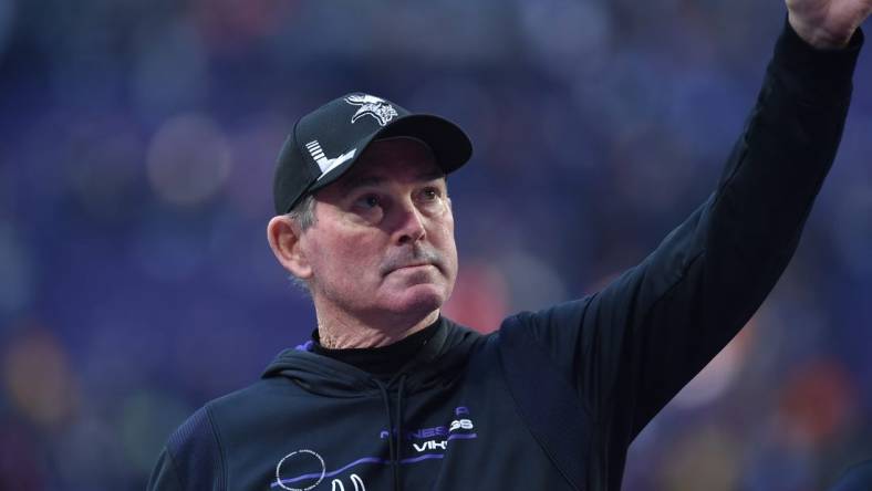 Jan 9, 2022; Minneapolis, Minnesota, USA; Minnesota Vikings head coach Mike Zimmer waves to the crowd after the game against the Chicago Bears  at U.S. Bank Stadium. Mandatory Credit: Jeffrey Becker-USA TODAY Sports