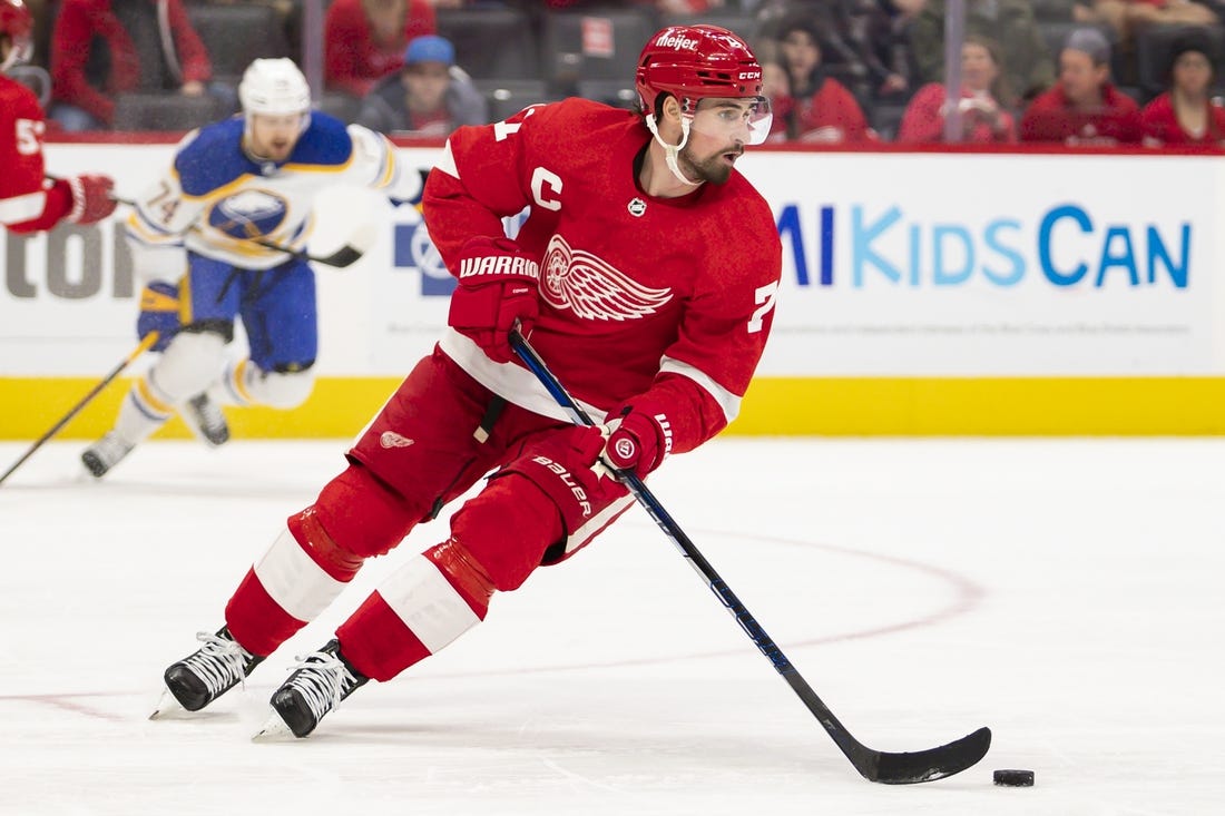Jan 15, 2022; Detroit, Michigan, USA; Detroit Red Wings center Dylan Larkin (71) skates with the puck during the first period against the St. Louis Blues at Little Caesars Arena. Mandatory Credit: Raj Mehta-USA TODAY Sports
