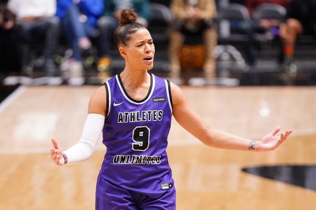 Jan 28, 2022; Las Vegas, Nevada, USA; Team Carrington guard Natasha Cloud (9) reacts to a call by the referee during the second quarter against Team Russell at Athletes Unlimited Arena. Mandatory Credit: Lucas Peltier-USA TODAY Sports