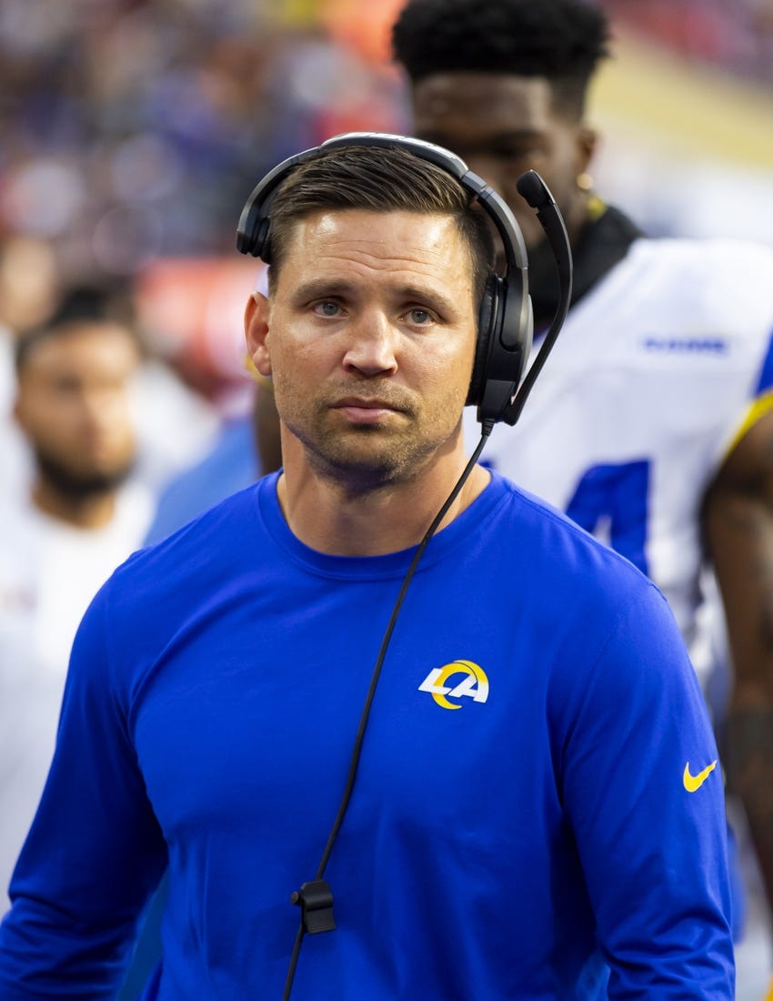 Feb 13, 2022; Inglewood, CA, USA; Los Angeles Rams linebackers coach Chris Shula against the Cincinnati Bengals during Super Bowl LVI at SoFi Stadium. Mandatory Credit: Mark J. Rebilas-USA TODAY Sports