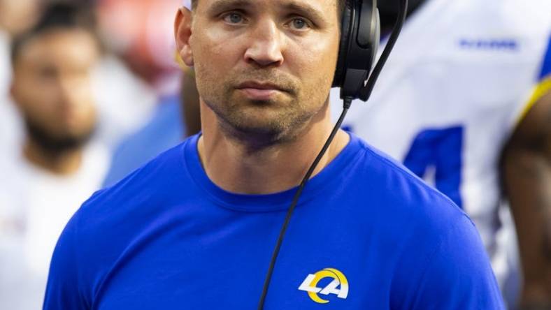 Feb 13, 2022; Inglewood, CA, USA; Los Angeles Rams linebackers coach Chris Shula against the Cincinnati Bengals during Super Bowl LVI at SoFi Stadium. Mandatory Credit: Mark J. Rebilas-USA TODAY Sports