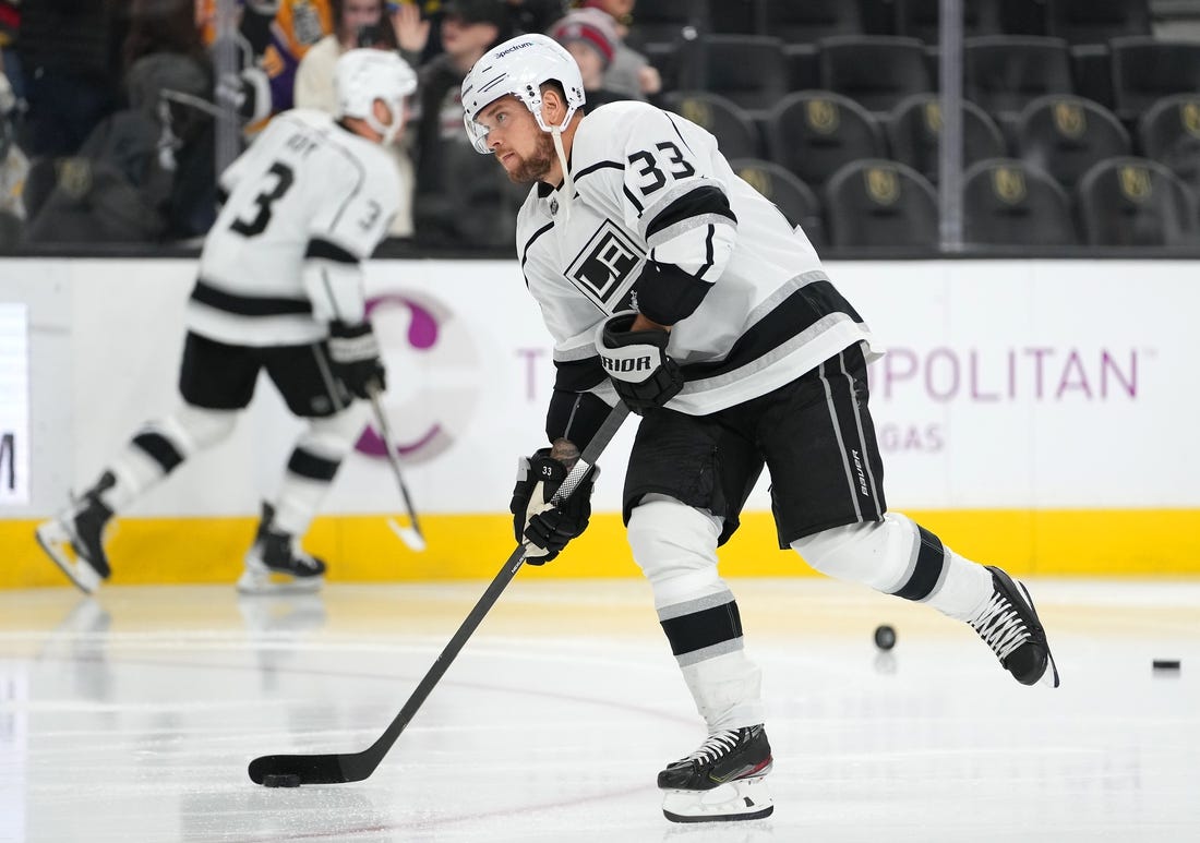 Feb 18, 2022; Las Vegas, Nevada, USA; Los Angeles Kings left wing Viktor Arvidsson (33) warms up before a game against the Vegas Golden Knights at T-Mobile Arena. Mandatory Credit: Stephen R. Sylvanie-USA TODAY Sports