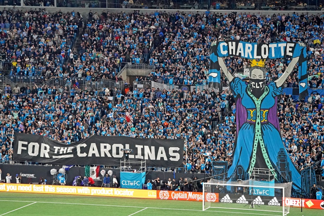 Mar 5, 2022; Charlotte, North Carolina, USA; The Tifo is raised before the match between the Los Angeles Galaxy and Charlotte FC at Bank of America Stadium. Mandatory Credit: John David Mercer-USA TODAY Sports