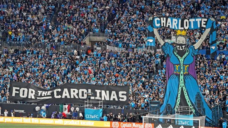 Mar 5, 2022; Charlotte, North Carolina, USA; The Tifo is raised before the match between the Los Angeles Galaxy and Charlotte FC at Bank of America Stadium. Mandatory Credit: John David Mercer-USA TODAY Sports