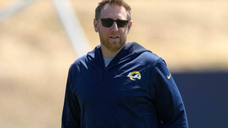 May 23, 2022; Thousand Oaks, CA, USA; Los Angeles Rams offensive coordinator Liam Coen during organized team activities at California Lutheran University. Mandatory Credit: Kirby Lee-USA TODAY Sports