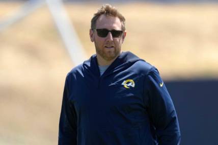May 23, 2022; Thousand Oaks, CA, USA; Los Angeles Rams offensive coordinator Liam Coen during organized team activities at California Lutheran University. Mandatory Credit: Kirby Lee-USA TODAY Sports
