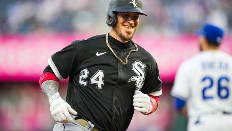 May 16, 2022; Kansas City, Missouri, USA; Chicago White Sox catcher Yasmani Grandal (24) reacts after hitting a home run against the Kansas City Royals during the fourth inning at Kauffman Stadium. Mandatory Credit: Jay Biggerstaff-USA TODAY Sports