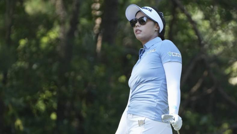 Jun 2, 2022; Southern Pines, North Carolina, USA; Patty Tavatanakit reacts to her shot from the 12th tee during the first round of the U.S. Women's Open. Mandatory Credit: David Yeazell-USA TODAY Sports