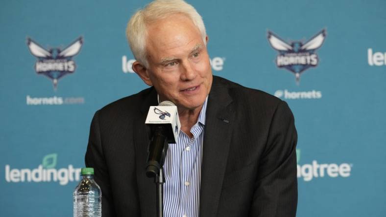 Jun 28, 2022; Charlotte, NC, USA; Charlotte Hornets general manager Mitch Kupchak answers media questions after announcing that Steve Clifford would return to coach the team at the Spectrum Center in Charlotte, NC.  Mandatory Credit: Jim Dedmon-USA TODAY Sports