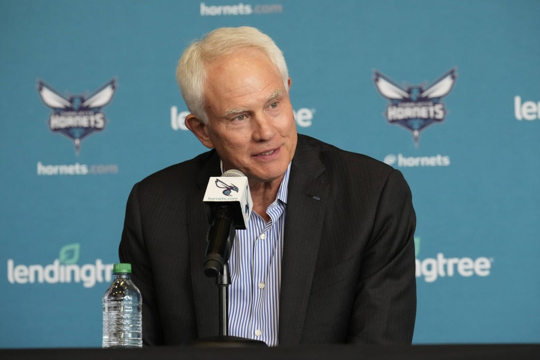 Jun 28, 2022; Charlotte, NC, USA; Charlotte Hornets general manager Mitch Kupchak answers media questions after announcing that Steve Clifford would return to coach the team at the Spectrum Center in Charlotte, NC.  Mandatory Credit: Jim Dedmon-USA TODAY Sports