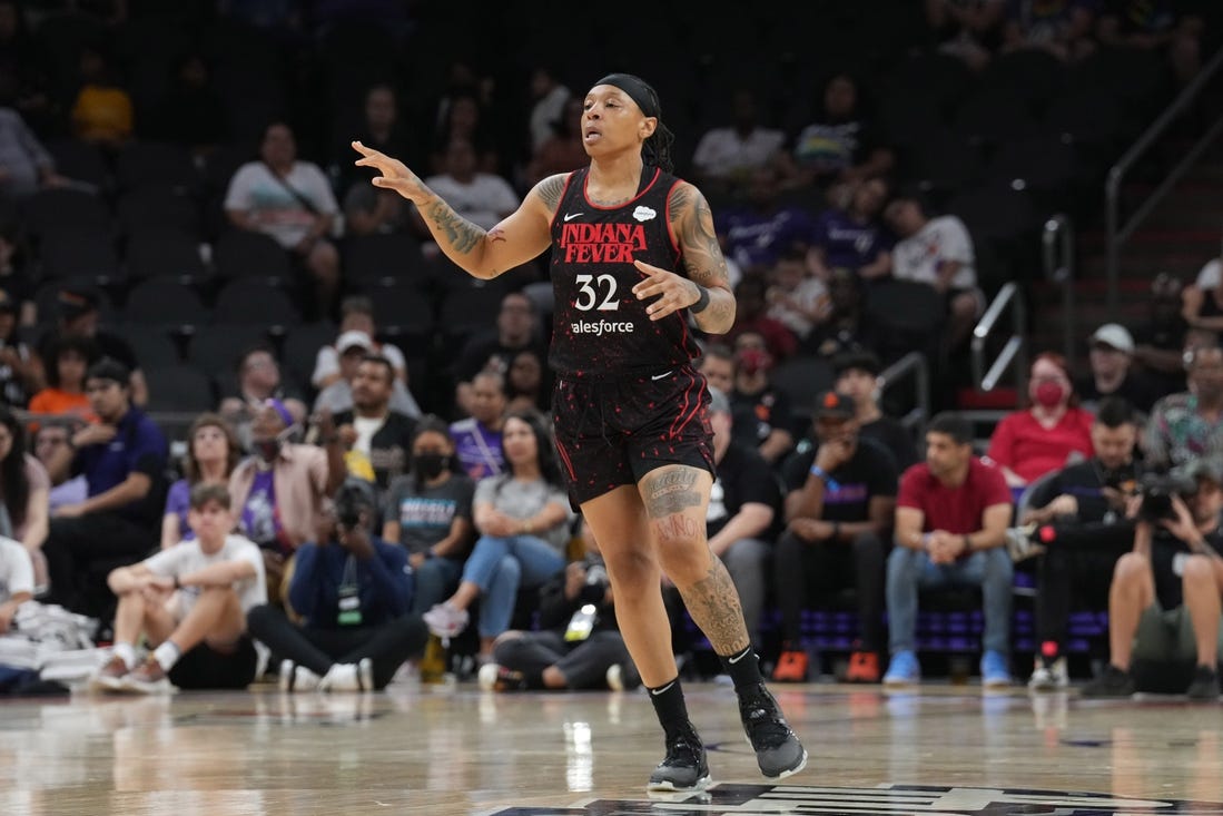 Jun 29, 2022; Phoenix, Arizona, USA; Indiana Fever forward Emma Cannon (32) reacts against the Phoenix Mercury during the second half at Footprint Center. Mandatory Credit: Joe Camporeale-USA TODAY Sports