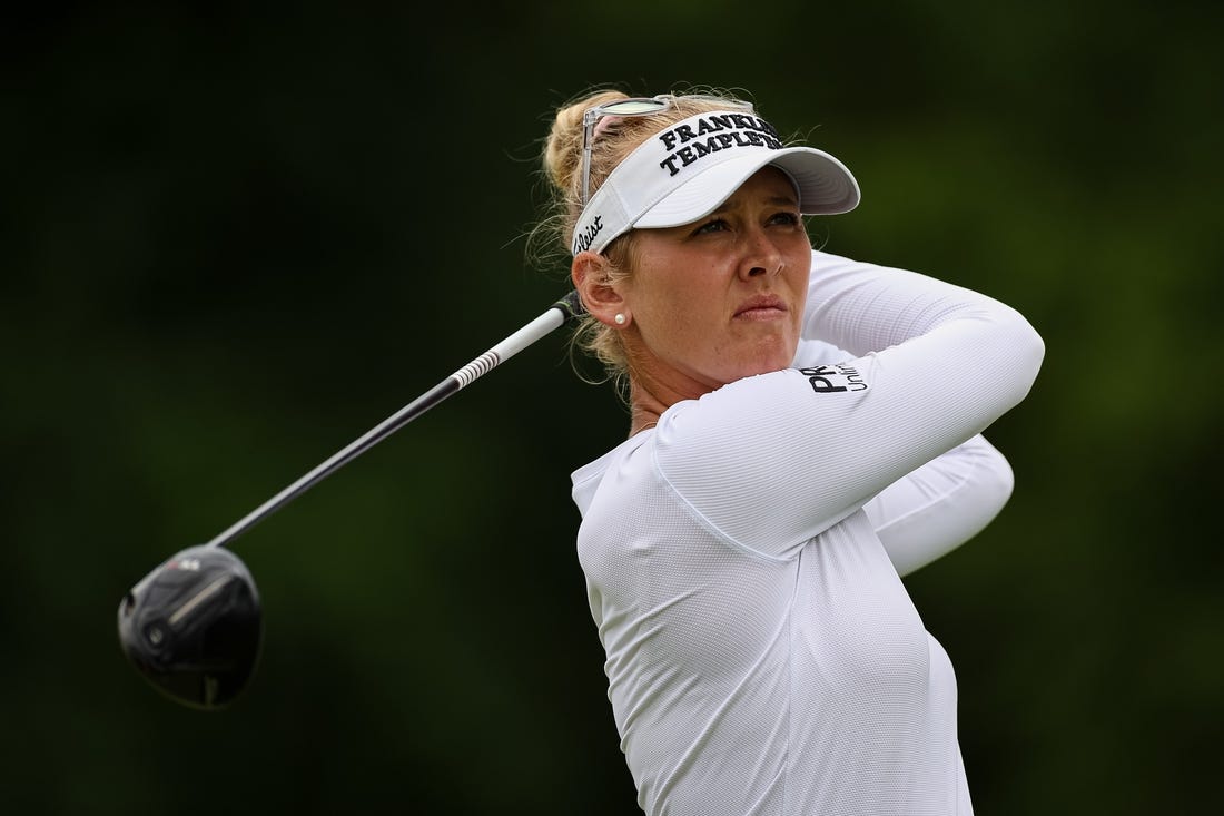 Jun 24, 2022; Bethesda, Maryland, USA; Jessica Korda plays her shot from the 14th tee during the second round of the KPMG Women's PGA Championship golf tournament at Congressional Country Club. Mandatory Credit: Scott Taetsch-USA TODAY Sports