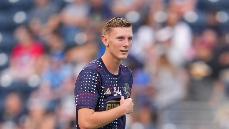 Jul 8, 2022; Chester, Pennsylvania, USA; Philadelphia Union midfielder Brandan Craig (34) looks on against D.C. United at Subaru Park. Mandatory Credit: Mitchell Leff-USA TODAY Sports