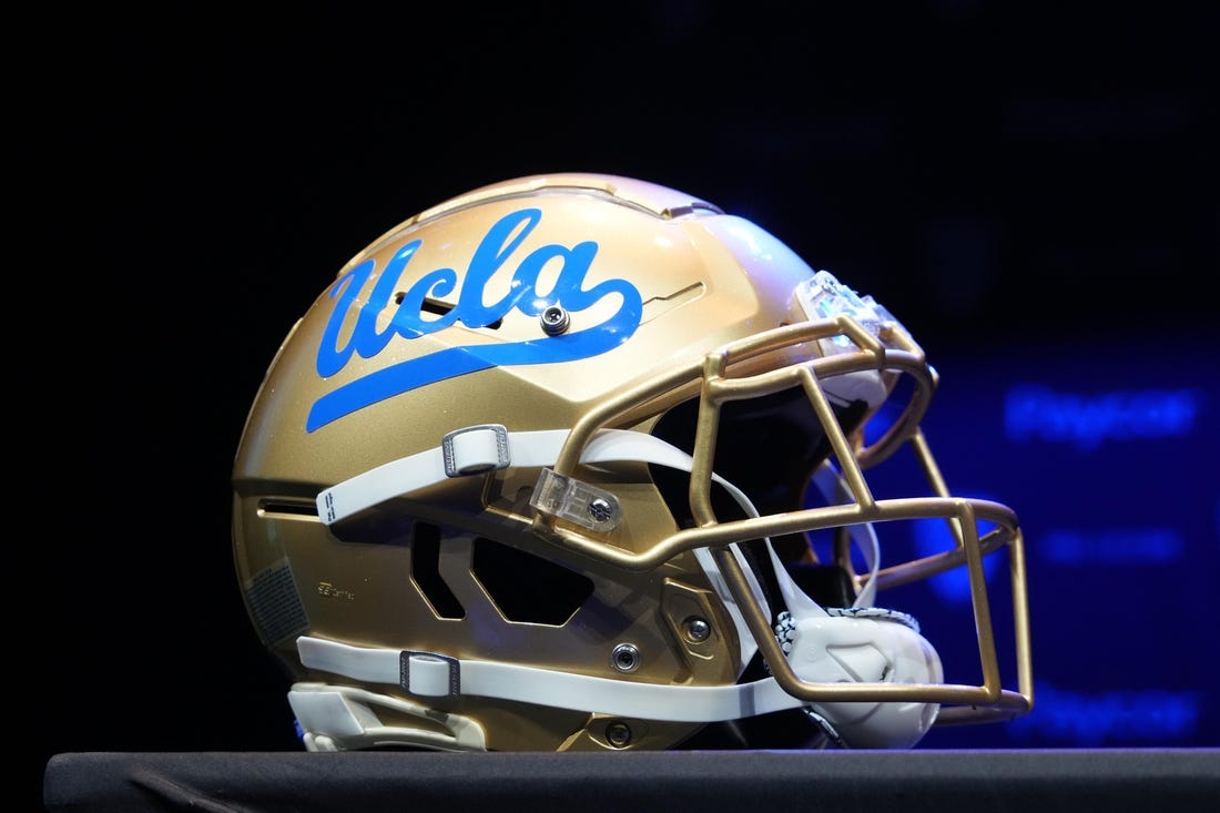 Jul 29, 2022; Los Angeles, CA, USA; A detailed view of UCLA Bruins helmet during Pac-12 Media Day at Novo Theater. Mandatory Credit: Kirby Lee-USA TODAY Sports