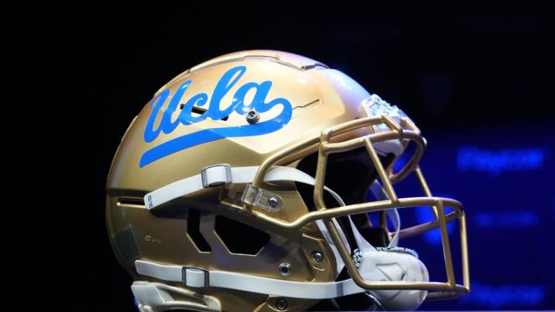 Jul 29, 2022; Los Angeles, CA, USA; A detailed view of UCLA Bruins helmet during Pac-12 Media Day at Novo Theater. Mandatory Credit: Kirby Lee-USA TODAY Sports