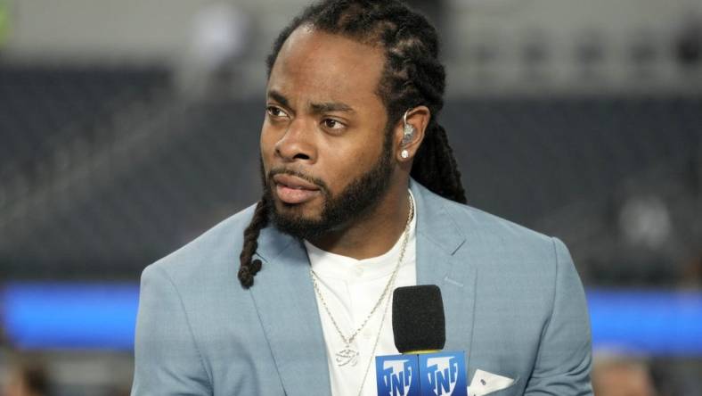 Aug 19, 2022; Inglewood, California, USA; Richard Sherman on the Amazon Prime Thursday Night Football set before the game between the Los Angeles Rams and the Houston Texans  at SoFi Stadium. Mandatory Credit: Kirby Lee-USA TODAY Sports