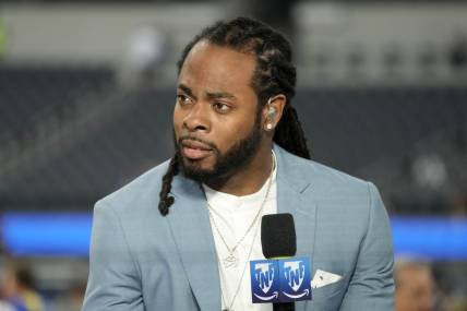 Aug 19, 2022; Inglewood, California, USA; Richard Sherman on the Amazon Prime Thursday Night Football set before the game between the Los Angeles Rams and the Houston Texans  at SoFi Stadium. Mandatory Credit: Kirby Lee-USA TODAY Sports