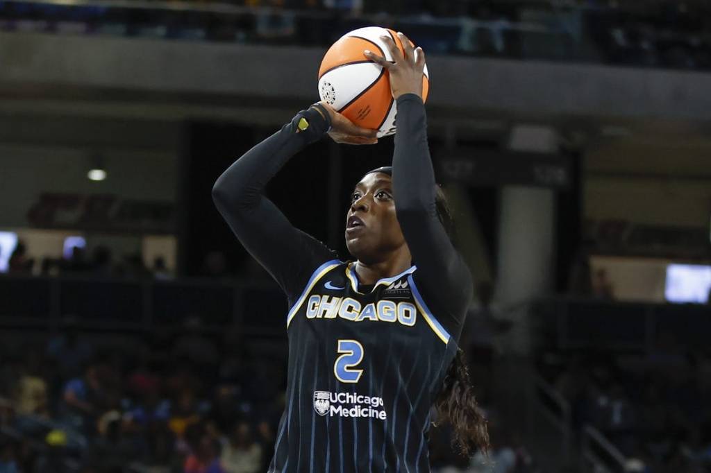 Aug 20, 2022; Chicago, Illinois, USA; Chicago Sky guard Kahleah Copper (2) shoots against the New York Liberty during the first half of Game 2 of the first round of the WNBA playoffs at Wintrust Arena. Mandatory Credit: Kamil Krzaczynski-USA TODAY Sports