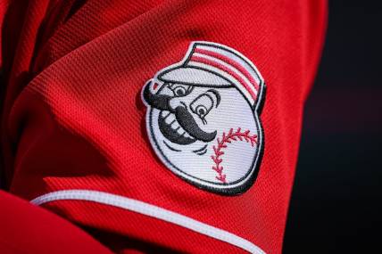 Aug 28, 2022; Washington, District of Columbia, USA; A detailed view of the Cincinnati Reds jersey logo during the ninth inning of the game between the Washington Nationals and the Cincinnati Reds at Nationals Park. Mandatory Credit: Scott Taetsch-USA TODAY Sports