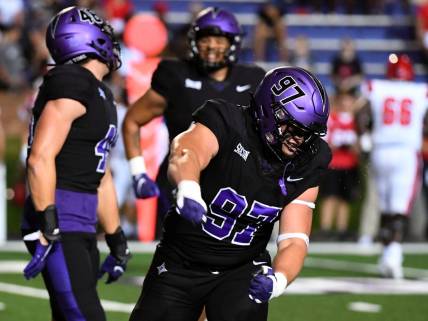 Furman Paladins defensive tackle Bryce Stanfield (97) celebrates after a play against North Greenville Crusaders at Paladin Stadium in Greenville, Thursday, September 1, 2022.

Jg Furman 090122 0047