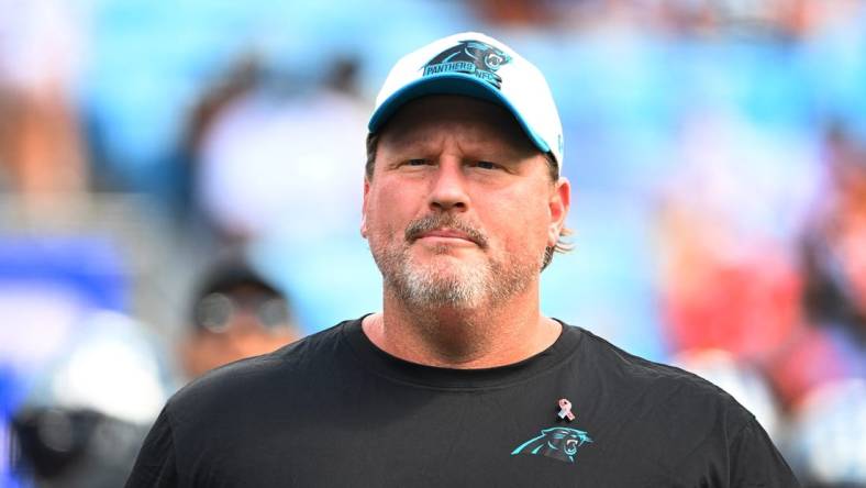 Sep 11, 2022; Charlotte, North Carolina, USA; Carolina Panthers offensive coach Ben McAdoo before the game at Bank of America Stadium. Mandatory Credit: Bob Donnan-USA TODAY Sports