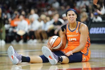Sep 13, 2022; Las Vegas, Nevada, USA; Connecticut Sun forward Brionna Jones (42) reacts to a call during the second quarter against the Las Vegas Aces in game two of the WNBA Finals at Michelob Ultra Arena. Mandatory Credit: Lucas Peltier-USA TODAY Sports
