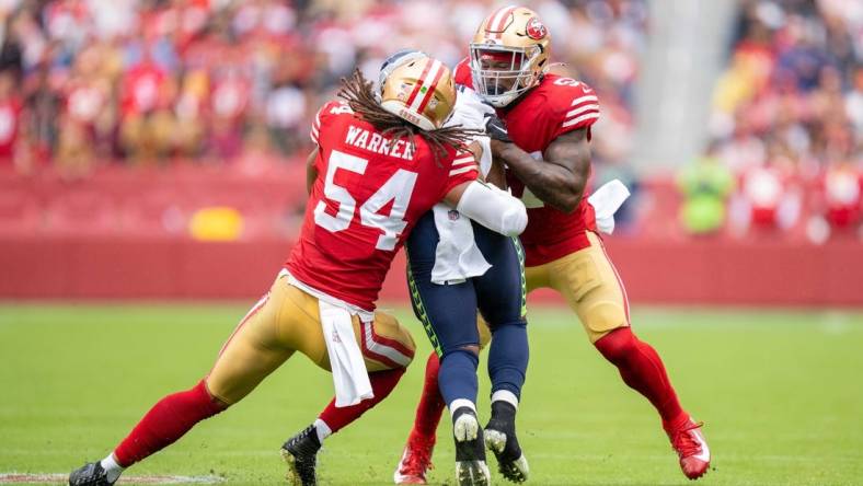 49ers linebackers Fred Warner (54) and Dre Greenlaw (57) are vital to San Francisco's success. Mandatory Credit: Kyle Terada-USA TODAY Sports