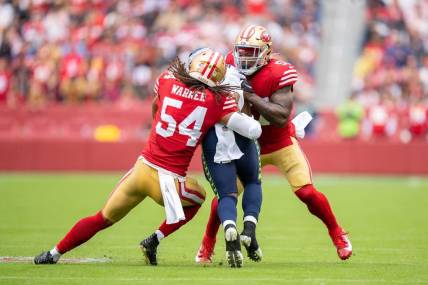 49ers linebackers Fred Warner (54) and Dre Greenlaw (57) are vital to San Francisco's success. Mandatory Credit: Kyle Terada-USA TODAY Sports