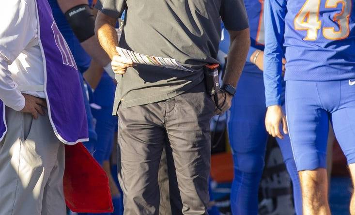 Sep 30, 2022; Boise, Idaho, USA; Former Boise State Broncos head coach and now new offensive coordinator Dirk Koetter on the sidelines during first half action at Albertsons Stadium against the San Diego State Aztecs. Boise State defeats San Diego State 35-13. Mandatory Credit: Brian Losness-USA TODAY Sports