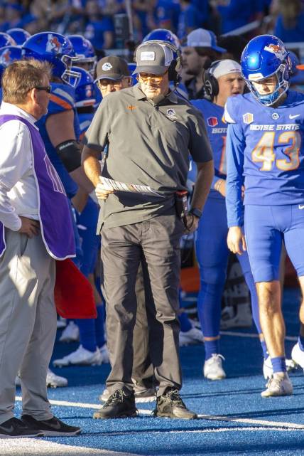 Sep 30, 2022; Boise, Idaho, USA; Former Boise State Broncos head coach and now new offensive coordinator Dirk Koetter on the sidelines during first half action at Albertsons Stadium against the San Diego State Aztecs. Boise State defeats San Diego State 35-13. Mandatory Credit: Brian Losness-USA TODAY Sports