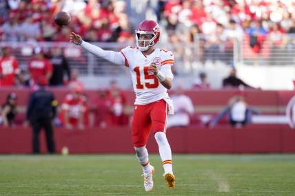 Kansas City Chiefs quarterback Patrick Mahomes (15) throws a pass against the San Francisco 49ers in the fourth quarter at Levi's Stadium. Mandatory Credit: Cary Edmondson-USA TODAY Sports