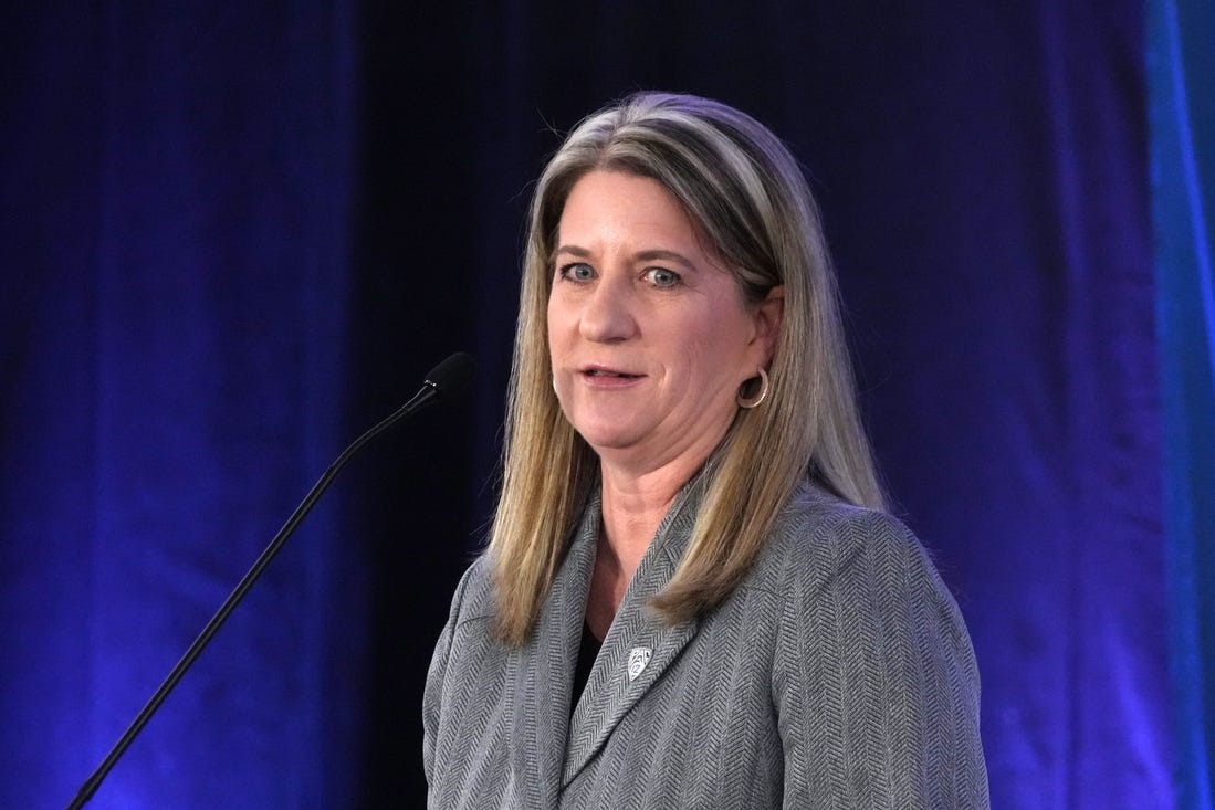 Oct 25, 2022; San Francisco, CA, USA; Deputy commissioner Teresa Gould speaks during Pac-12 Women's Basketball Media Day at the Pac-12 Network Studios. Mandatory Credit: Kirby Lee-USA TODAY Sports