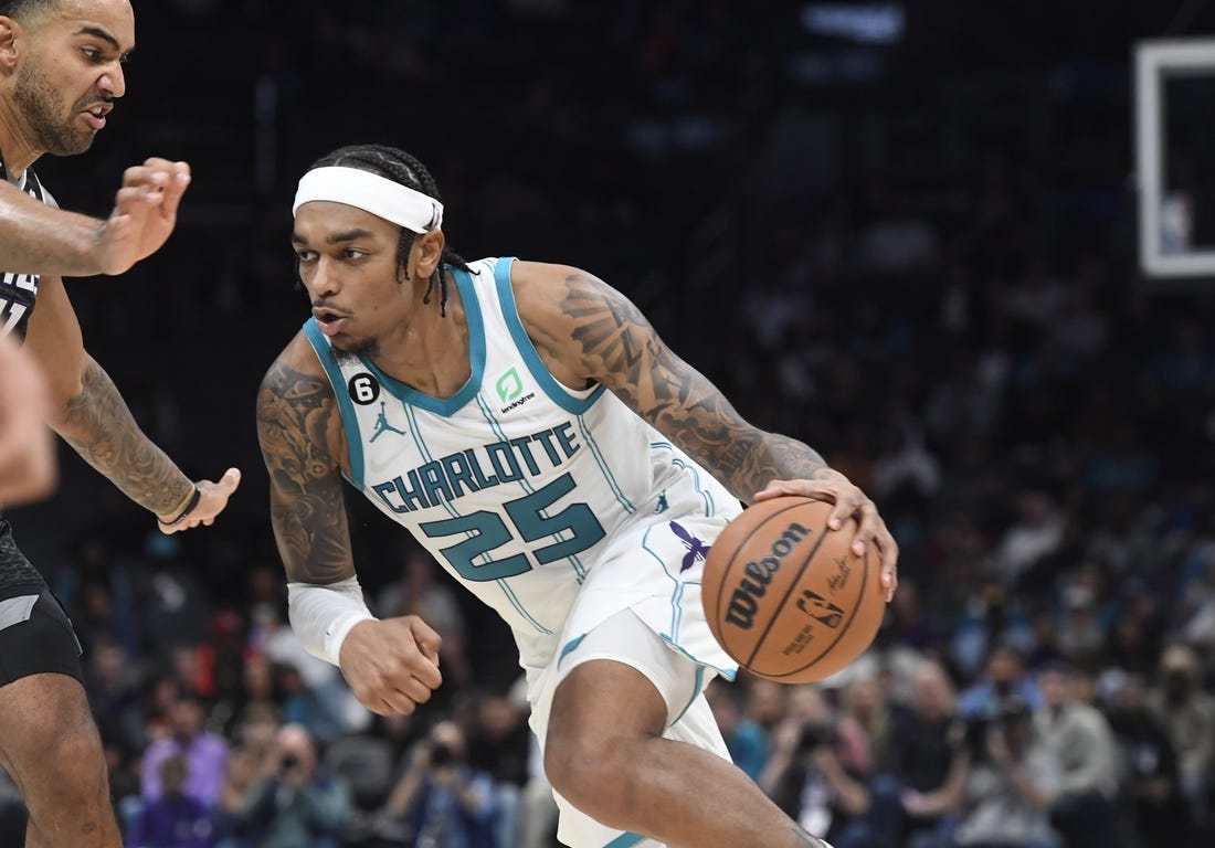 Oct 31, 2022; Charlotte, North Carolina, USA; Charlotte Hornets forward center PJ Washington (25) dribbles the ball during the second half against the Sacramento Kings at the Spectrum Center. Mandatory Credit: Sam Sharpe-USA TODAY Sports