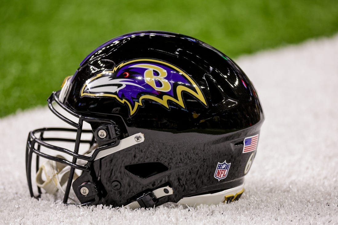 Nov 7, 2022; New Orleans, Louisiana, USA;  General view of the Baltimore Ravens helmet during the warm ups before the game against the New Orleans Saints at Caesars Superdome. Mandatory Credit: Stephen Lew-USA TODAY Sports