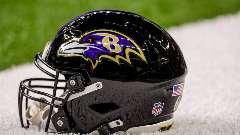 Nov 7, 2022; New Orleans, Louisiana, USA;  General view of the Baltimore Ravens helmet during the warm ups before the game against the New Orleans Saints at Caesars Superdome. Mandatory Credit: Stephen Lew-USA TODAY Sports