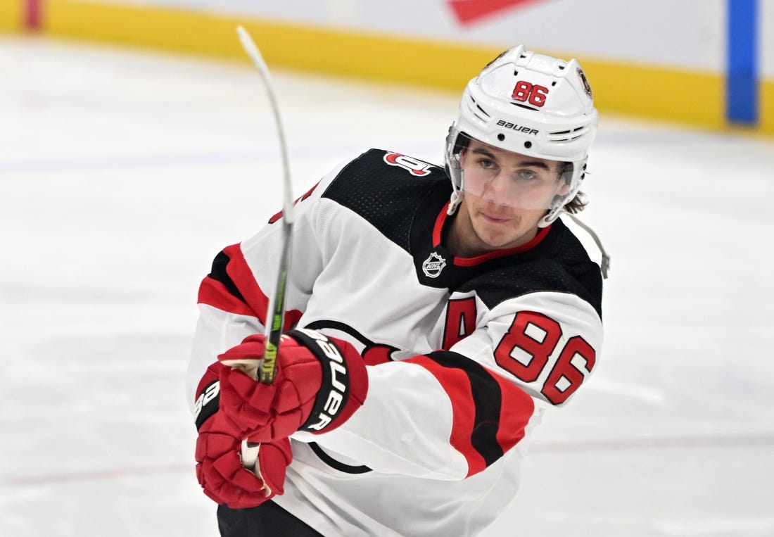 Nov 17, 2022; Toronto, Ontario, CAN; New Jersey Devils forward Jack Hughes (86) warms up before the game against the Toronto Maple Leafs at Scotiabank Arena. Mandatory Credit: Dan Hamilton-USA TODAY Sports