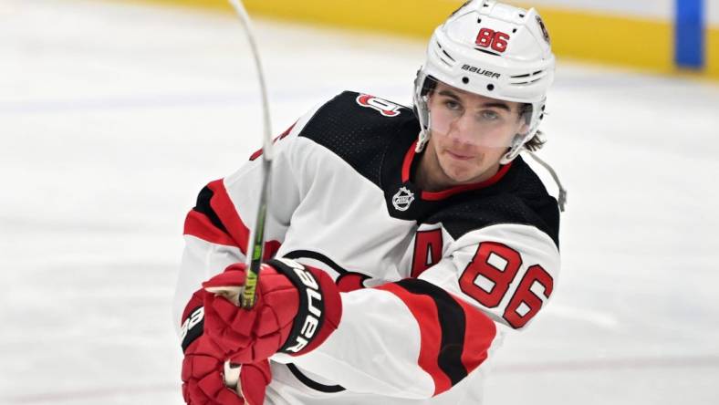 Nov 17, 2022; Toronto, Ontario, CAN; New Jersey Devils forward Jack Hughes (86) warms up before the game against the Toronto Maple Leafs at Scotiabank Arena. Mandatory Credit: Dan Hamilton-USA TODAY Sports