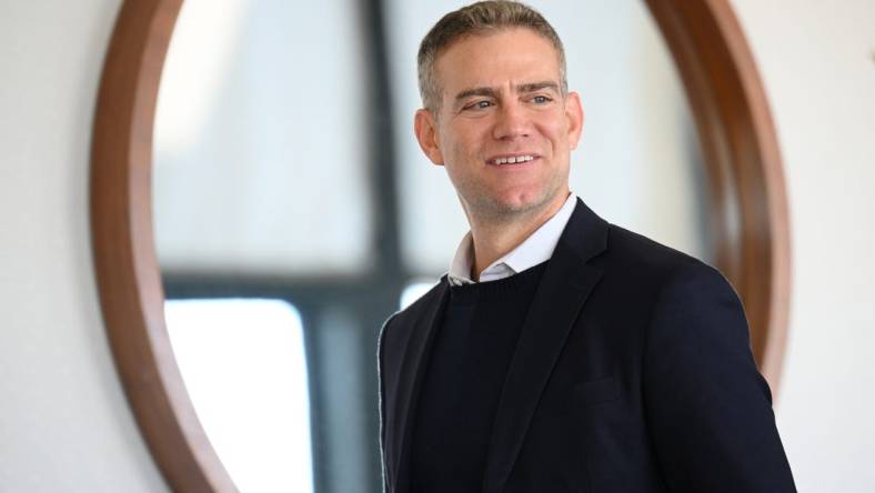 Dec 7, 2022; San Diego, CA, USA; MLB consultant Theo Epstein looks on during the 2022 MLB Winter Meetings at Manchester Grand Hyatt. Mandatory Credit: Orlando Ramirez-USA TODAY Sports