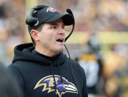 Dec 11, 2022; Pittsburgh, Pennsylvania, USA;  Baltimore Ravens defensive coordinator Mike Macdonald reacts on the sidelines against the Pittsburgh Steelers during the second quarter at Acrisure Stadium. Mandatory Credit: Charles LeClaire-USA TODAY Sports