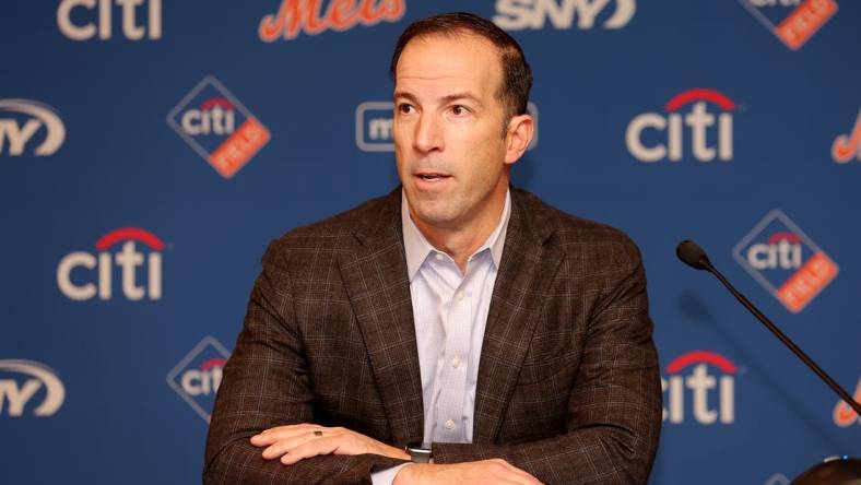 Dec 19, 2022; NY, NY, USA; New York Mets general manager Billy Eppler introduces pitcher Kodai Senga (not pictured) during a press conference at Citi Field. Mandatory Credit: Brad Penner-USA TODAY Sports