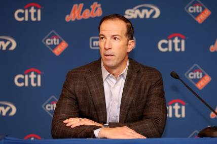 Dec 19, 2022; NY, NY, USA; New York Mets general manager Billy Eppler introduces pitcher Kodai Senga (not pictured) during a press conference at Citi Field. Mandatory Credit: Brad Penner-USA TODAY Sports