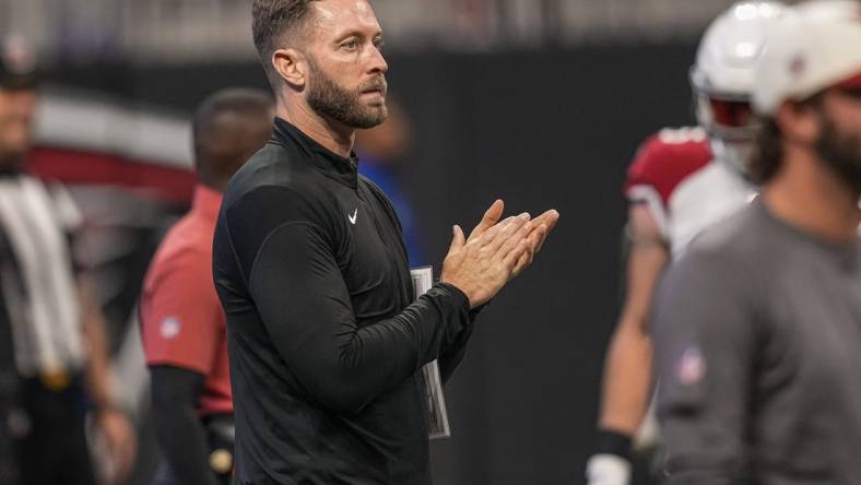 Jan 1, 2023; Atlanta, Georgia, USA; Arizona Cardinals head coach Kliff Kingsbury on the field prior to the game against the Atlanta Falcons at Mercedes-Benz Stadium. Mandatory Credit: Dale Zanine-USA TODAY Sports